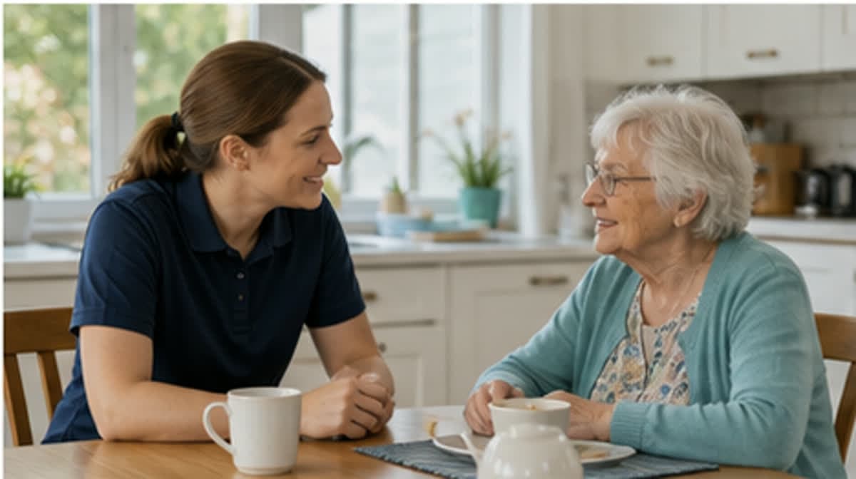Pflegekraft spricht mit einer älteren Person zu Hause