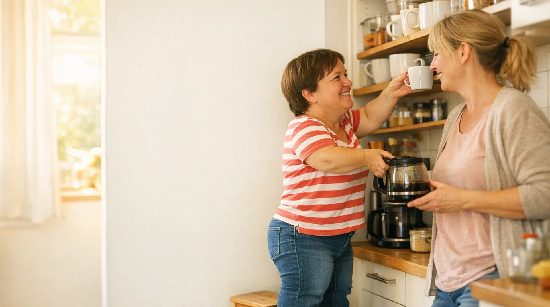 Frau mit Kleinwuchs holt in ihrer Küche eine Tasse aus dem tiefer gesetzten Regal