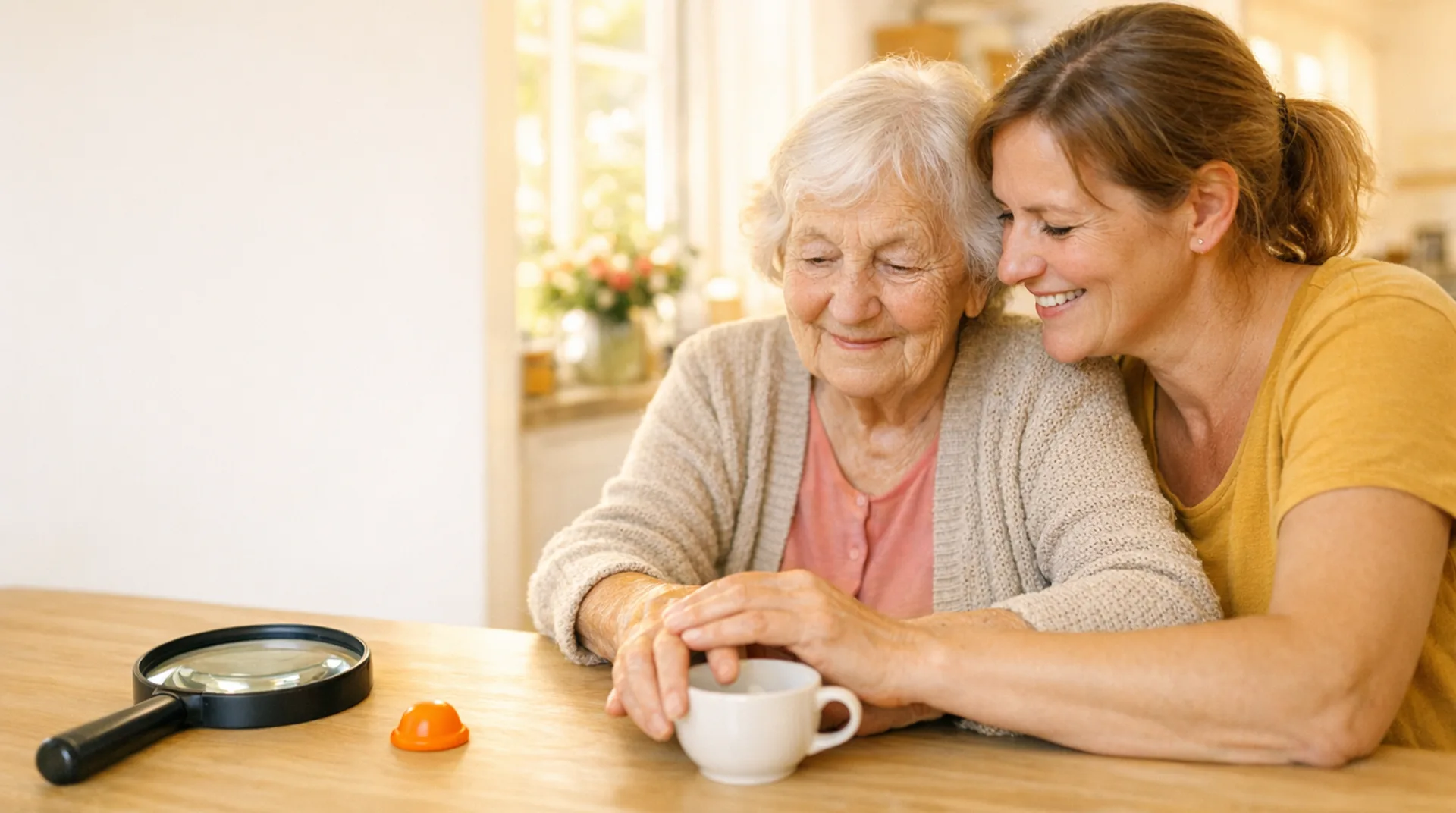 Helferin führt die Hand einer älteren Frau zur Tasse auf dem Tisch