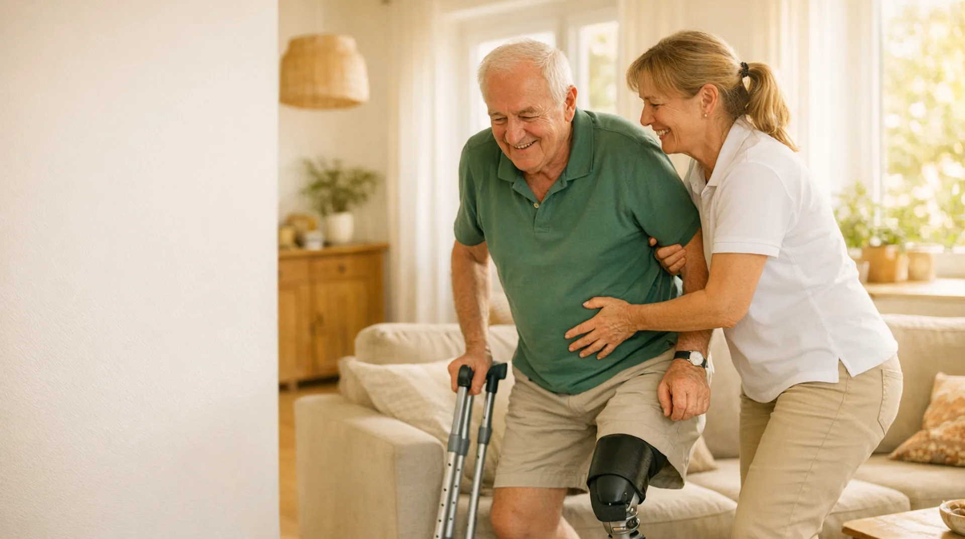 Physiotherapeutin übt mit einem älteren Mann mit Beinprothese das Aufstehen