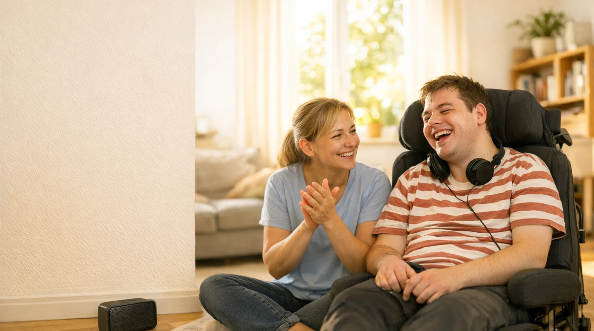 Betreuerin hört mit einem jungen Mann im Wohnzimmer Musik