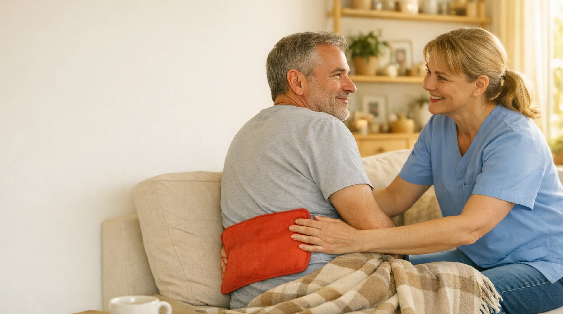 Pflegekraft legt einem Mann auf dem Sofa eine Wärmeauflage auf und spricht mit ihm
