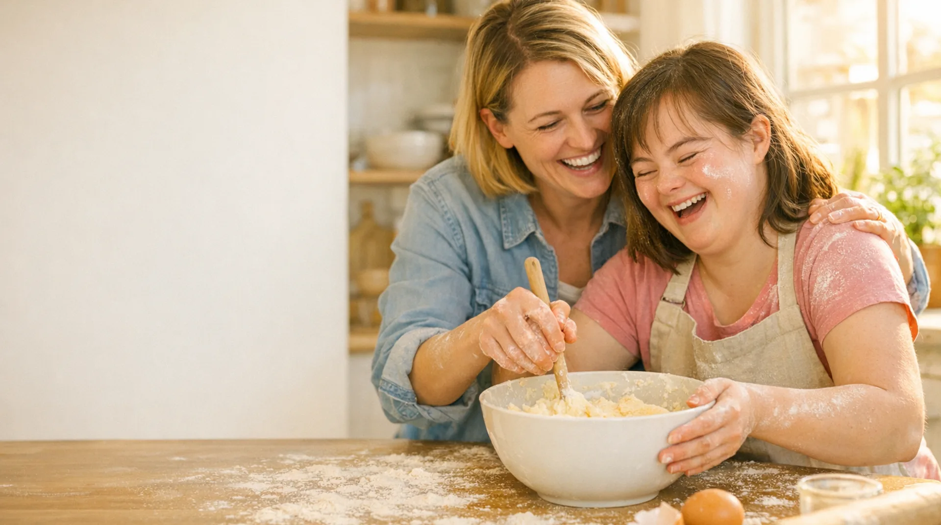 Junge Frau mit Down-Syndrom backt mit ihrer Assistentin einen Kuchen