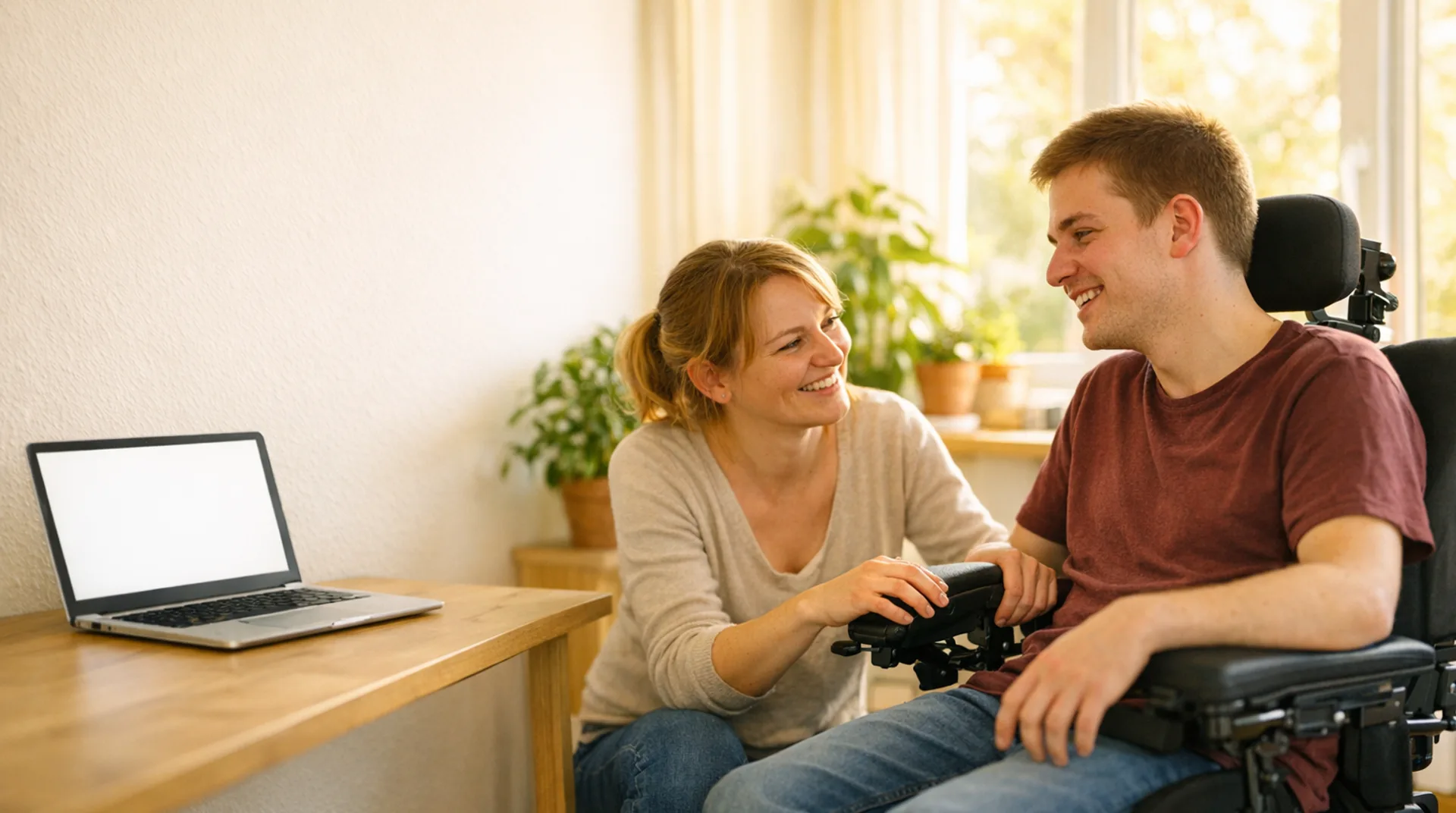 Assistentin stellt einem jungen Mann im Elektrorollstuhl die Armstütze ein