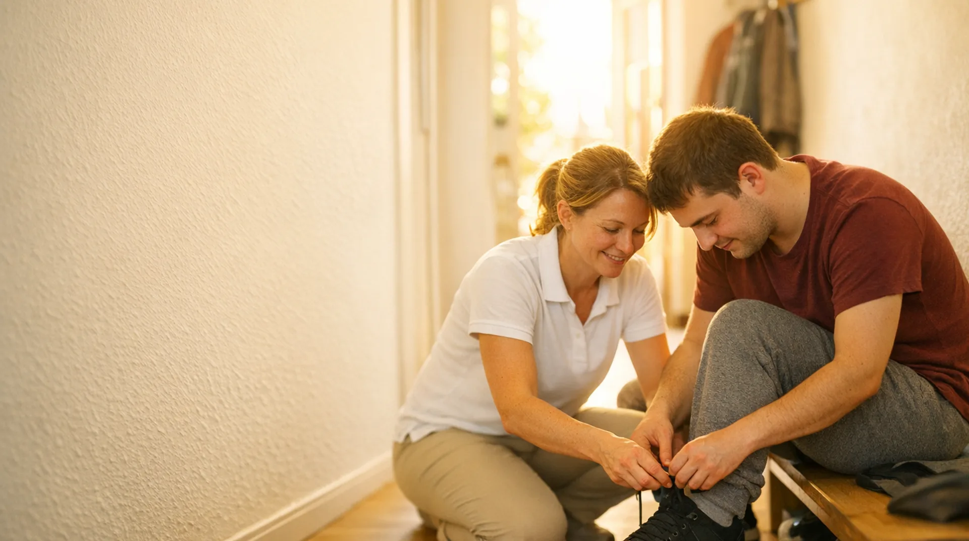 Ergotherapeutin übt mit einem jungen Mann das Binden der Schuhe