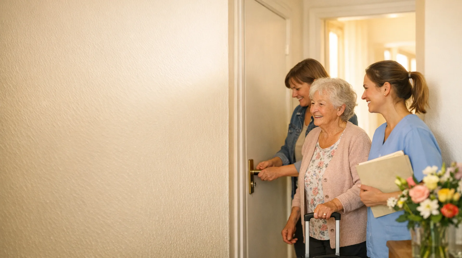 Eine Tochter öffnet die Wohnungstür, ihre Mutter kommt mit Koffer nach Hause, begleitet von einer Pflegekraft mit Unterlagen.