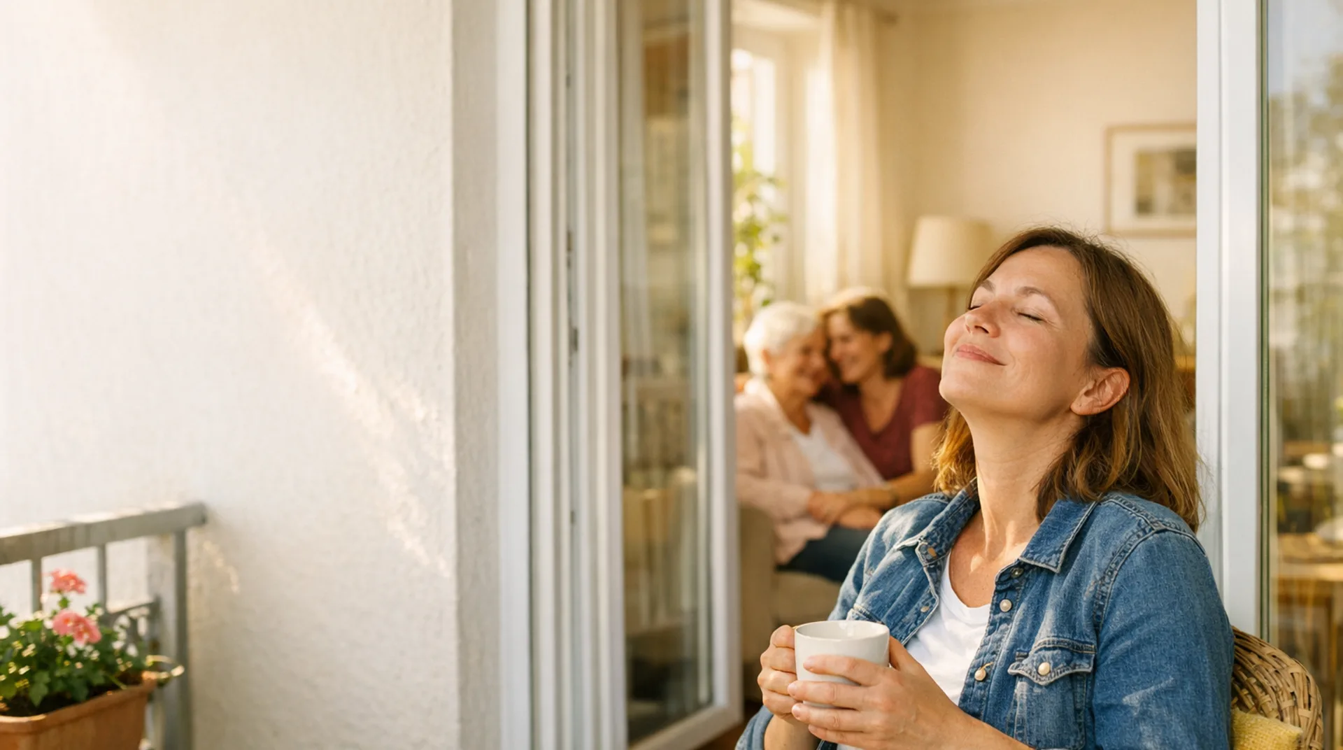 Tochter macht auf dem Balkon Pause, während eine Betreuerin bei der Mutter sitzt