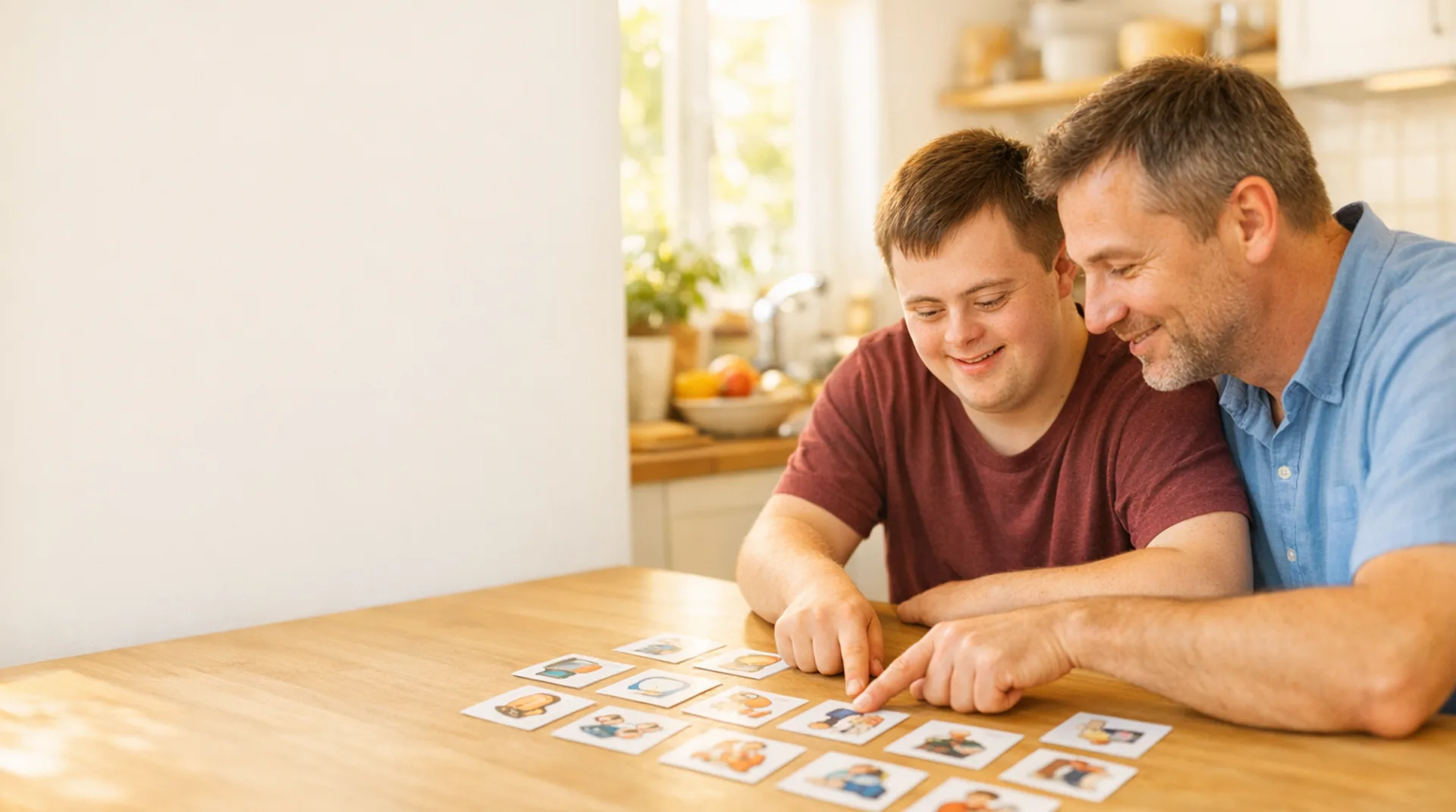 Betreuer legt mit einem jungen Mann Bildkarten für den Tagesablauf