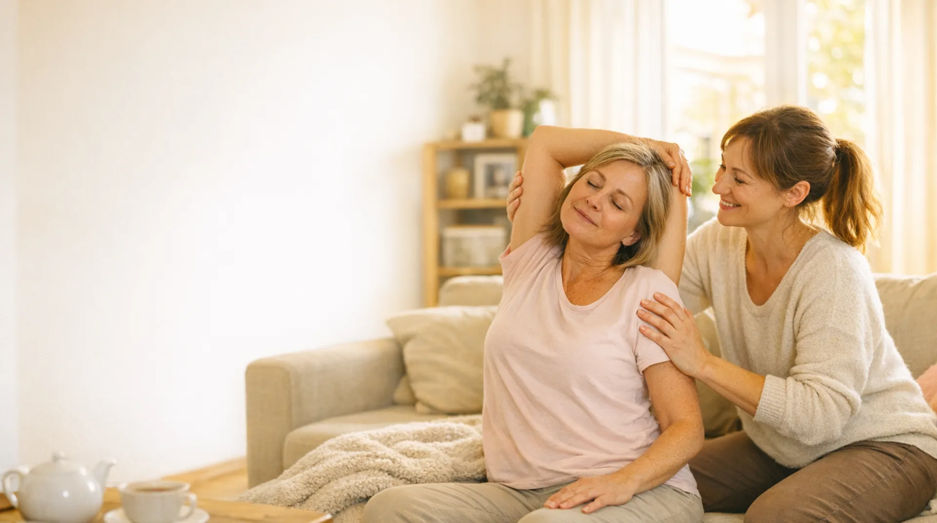 Therapeutin macht mit einer Frau auf dem Sofa sanfte Dehnübungen