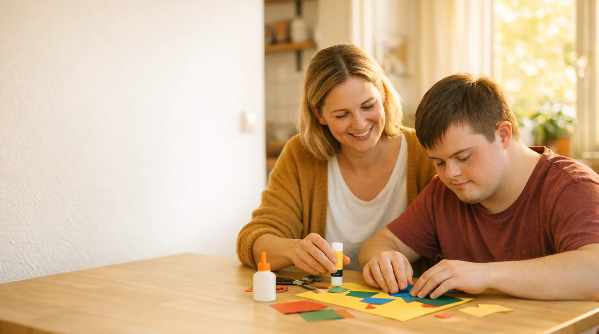 Betreuerin bastelt mit einem jungen Mann an einem hellen Tisch
