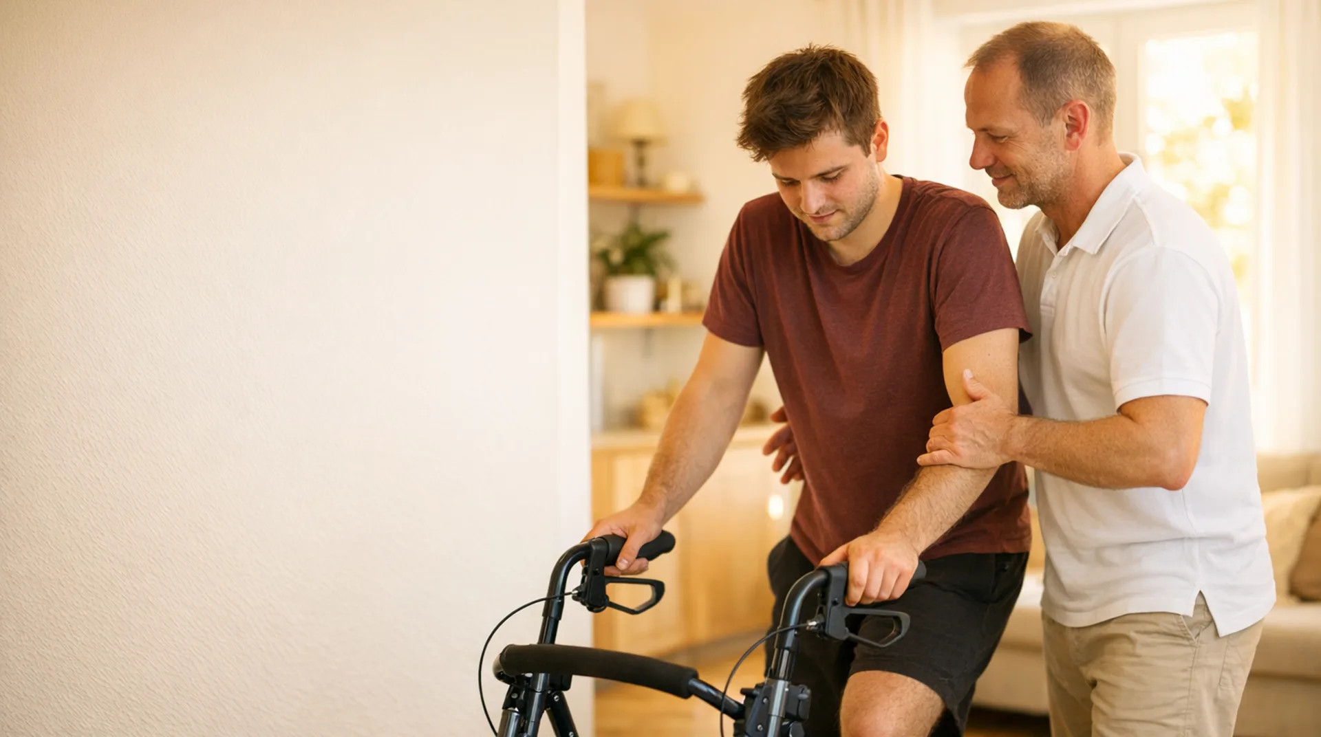 Physiotherapeut übt mit einem jungen Mann am Rollator das Gleichgewicht