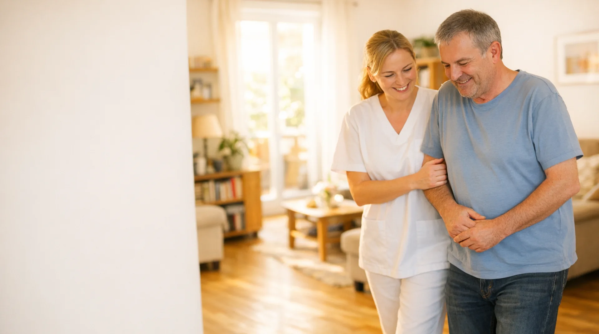 Betreuerin geht Arm in Arm mit einem Mann durch die helle Wohnung