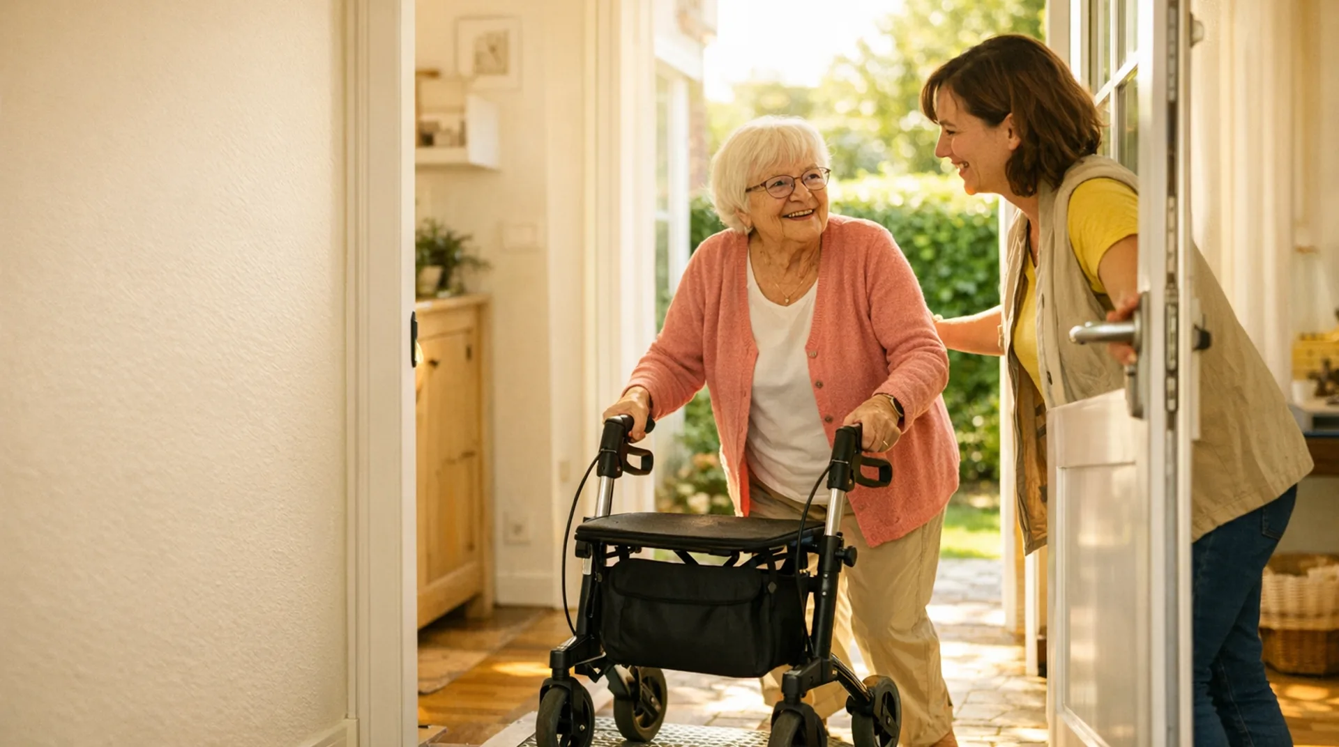 Helfer begleitet eine ältere Frau mit dem Rollator über die Schwelle ins Freie