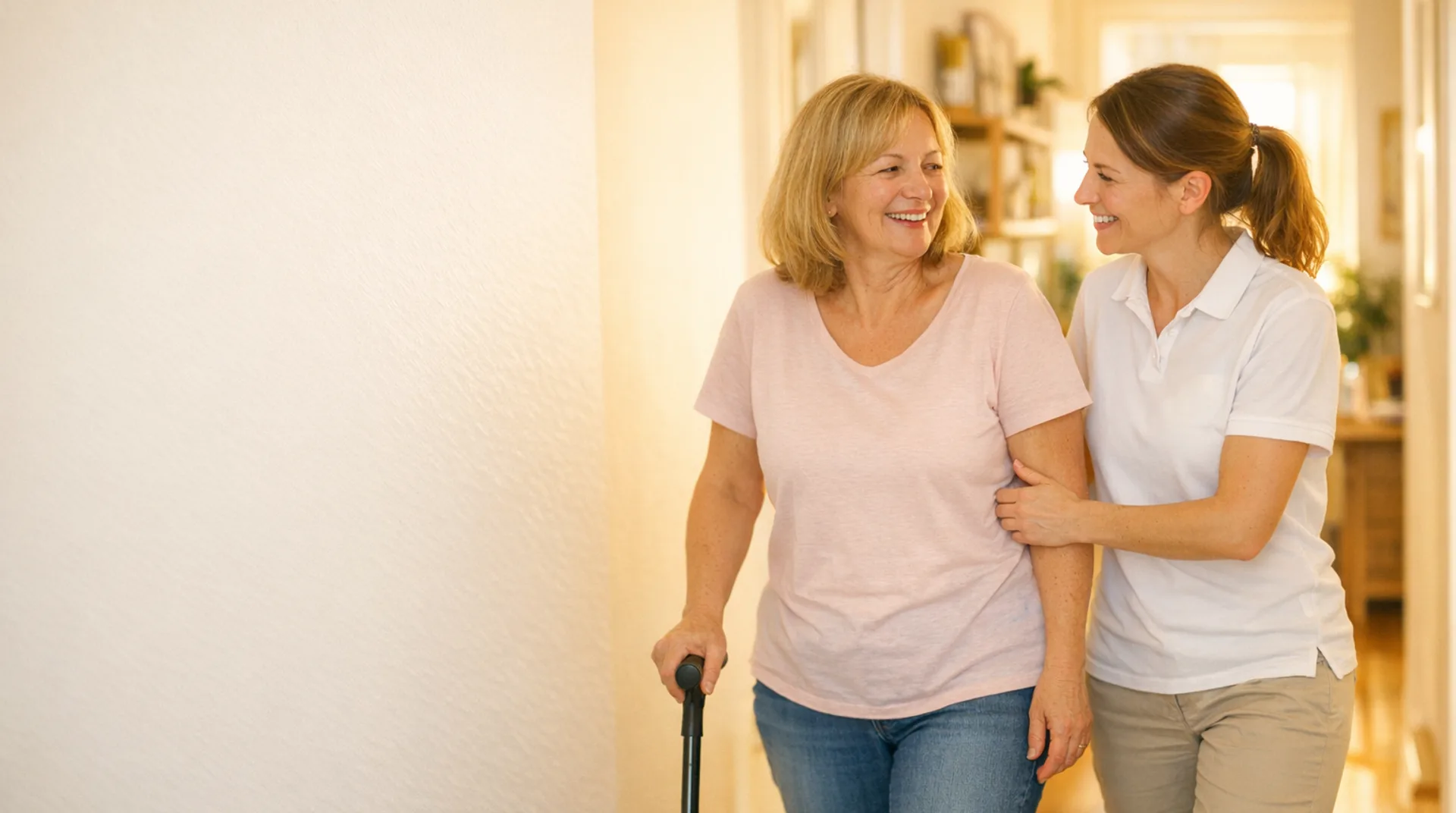 Physiotherapeutin übt mit einer Frau mit Gehstock das Gehen in der Wohnung