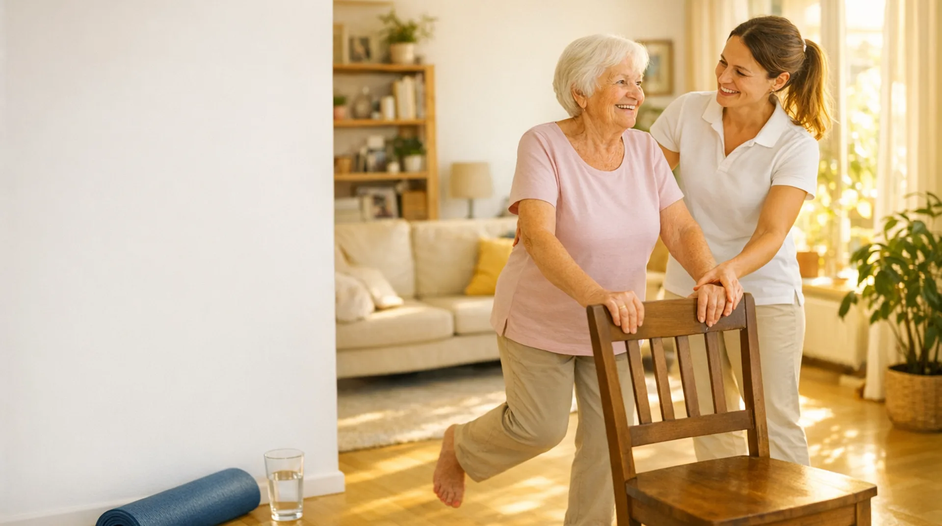 Physiotherapeutin macht mit einer älteren Frau im Wohnzimmer leichte Gymnastik