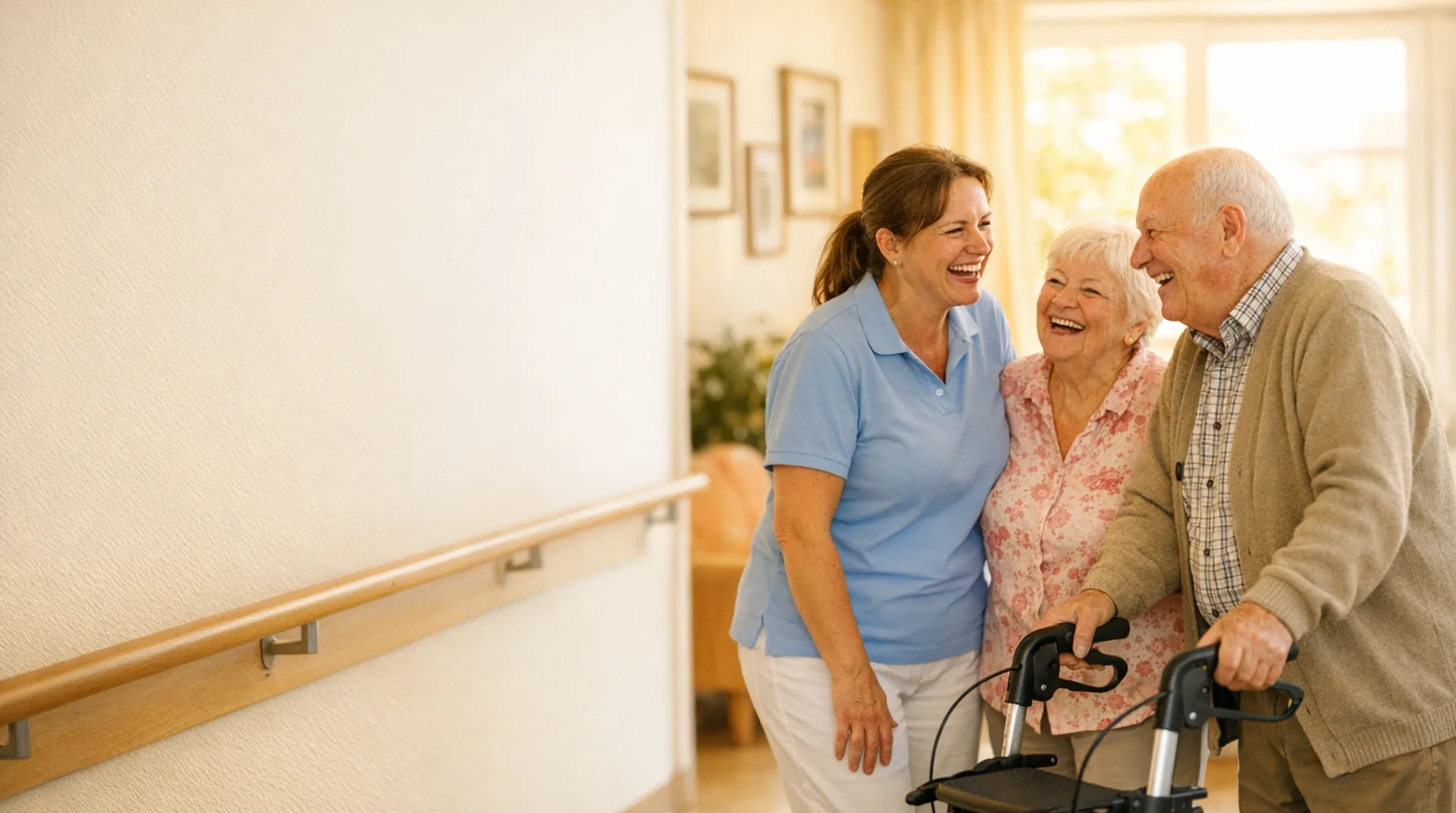 Eine Pflegerin lacht im hellen Flur eines Pflegeheims mit einer älteren Frau und einem älteren Mann am Rollator