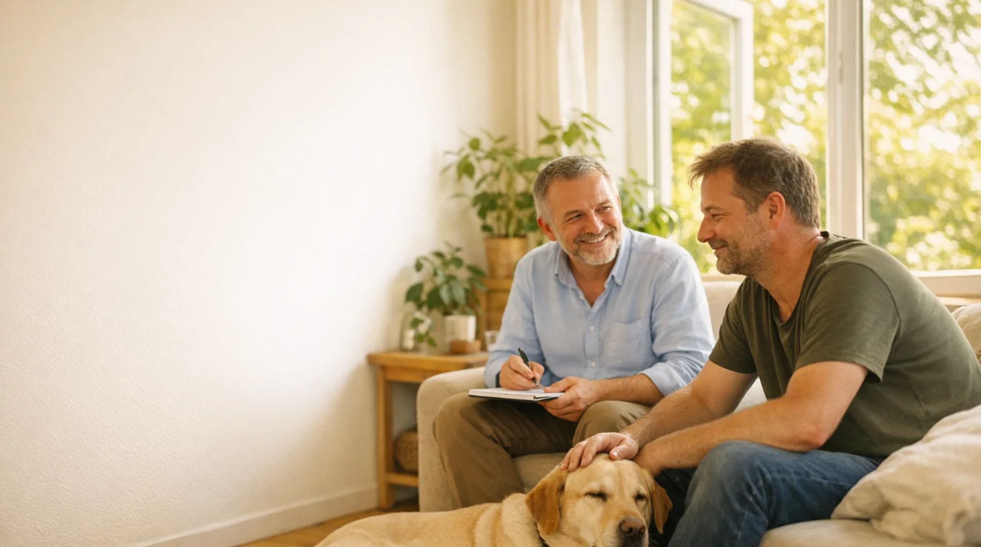 Therapeut spricht mit einem Mann im hellen Zimmer, ein Hund liegt daneben