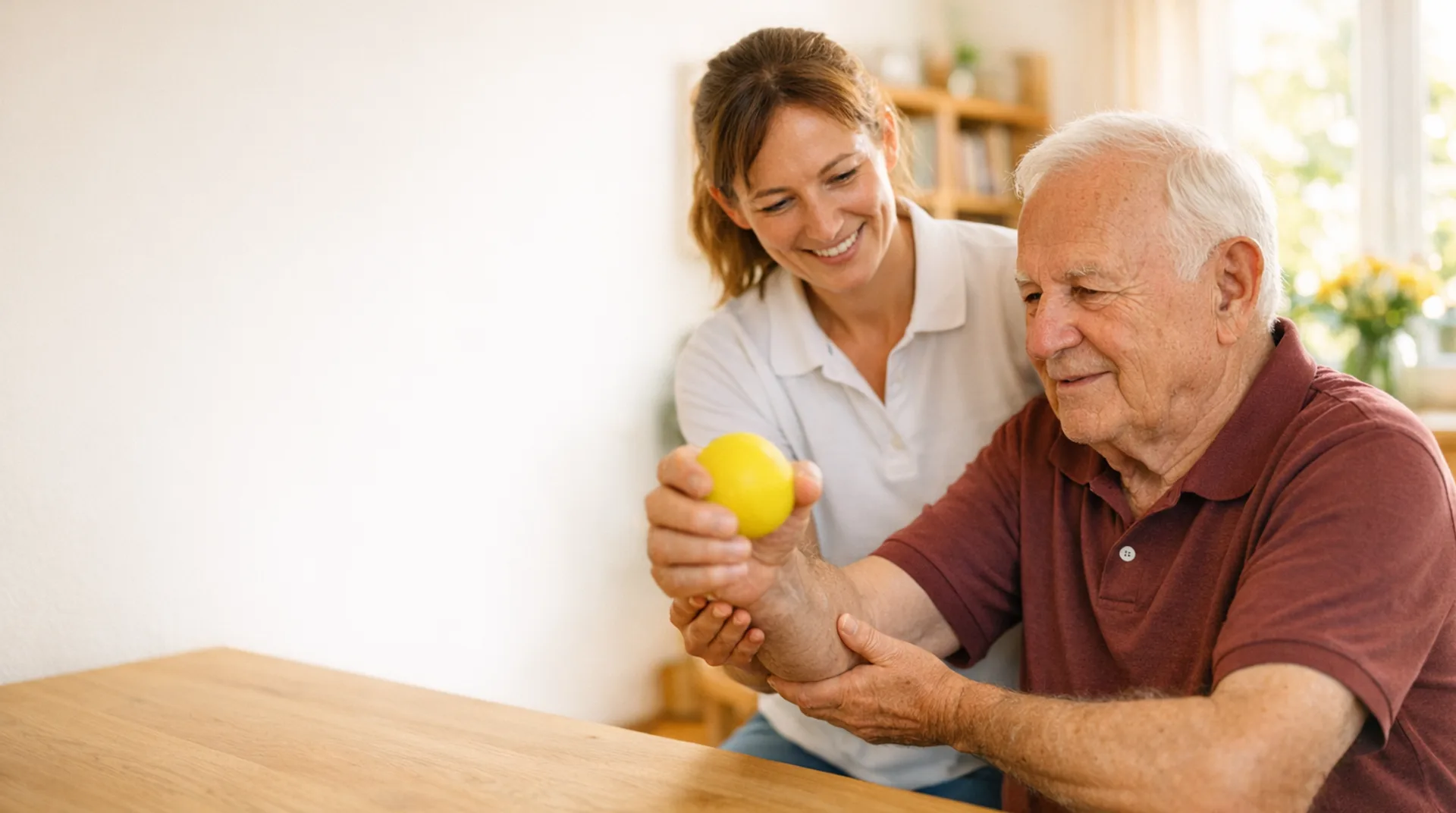 Physiotherapeutin übt mit einem älteren Mann am Esstisch Armbewegungen