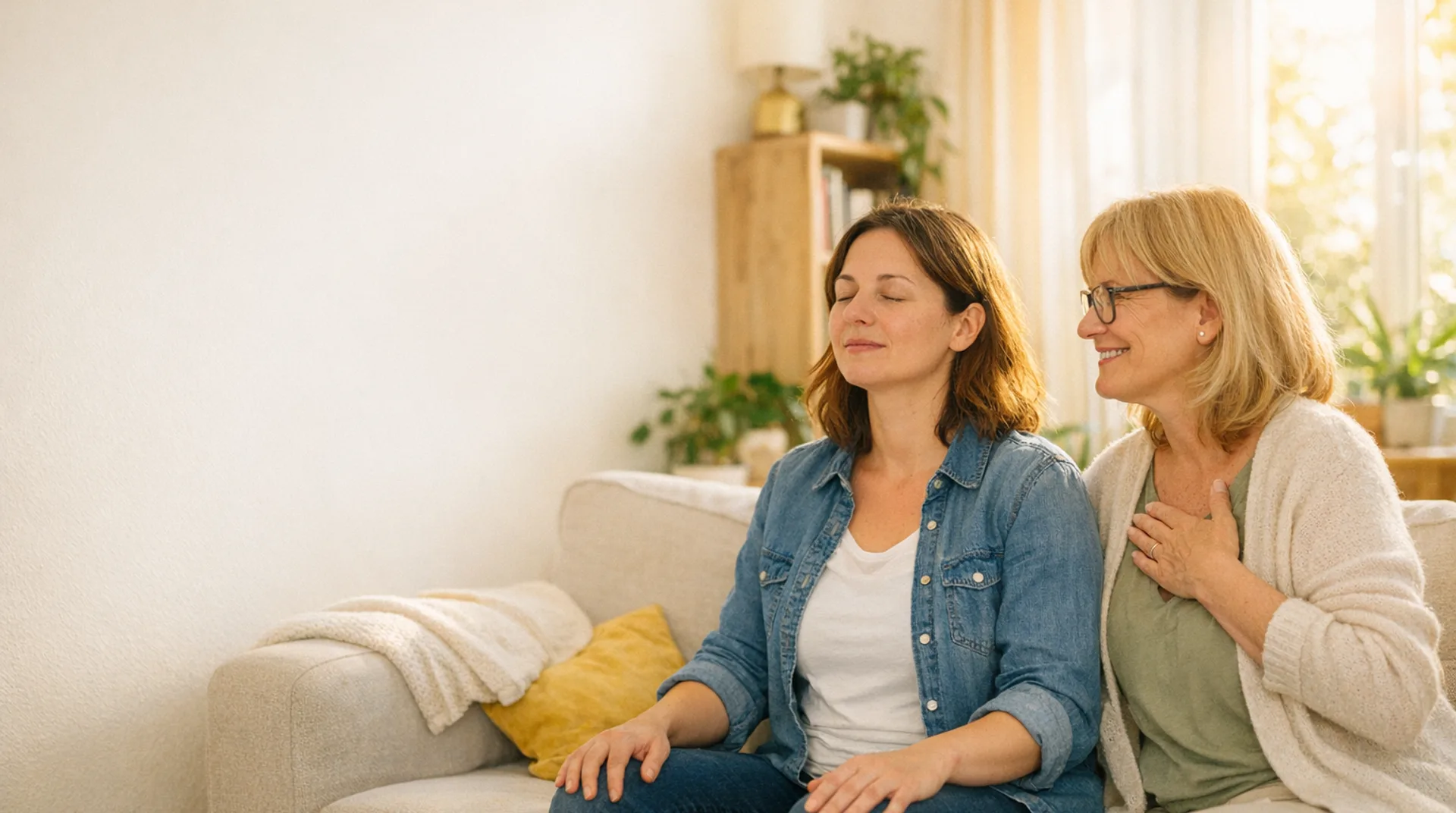 Therapeutin übt mit einer Frau auf dem Sofa eine ruhige Atemübung