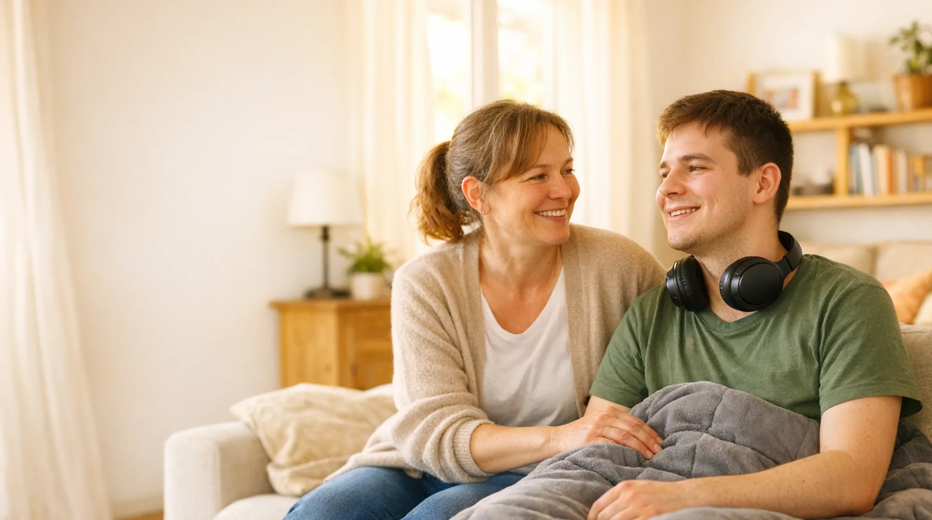 Betreuerin sitzt mit einem jungen Mann in einem ruhigen, hellen Raum