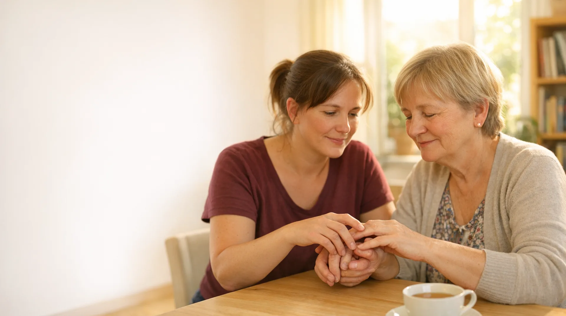 Begleiterin verständigt sich mit einer Frau über Hand-in-Hand-Zeichen