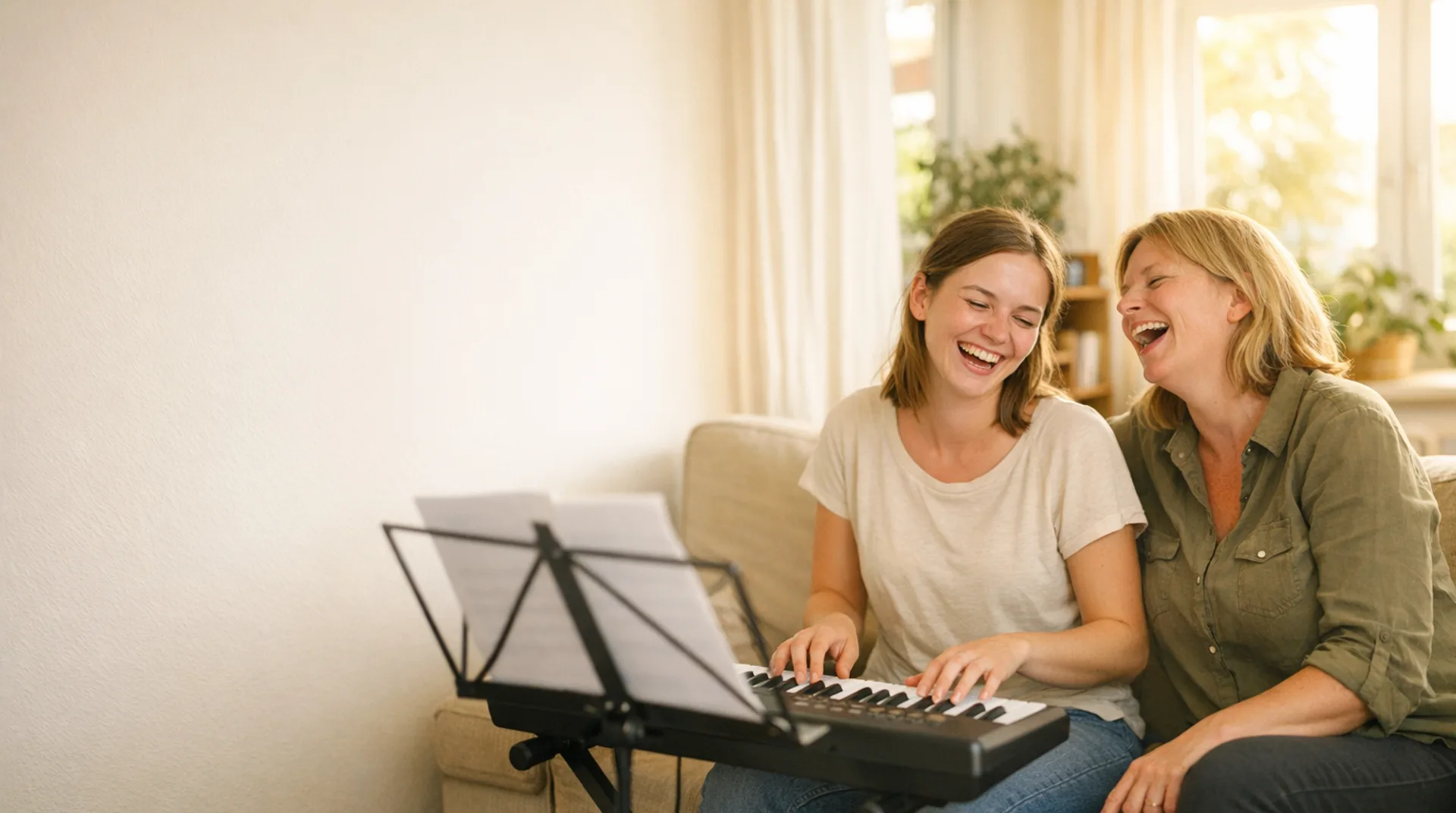 Junge Frau spielt mit ihrer Assistentin am Keyboard im Wohnzimmer