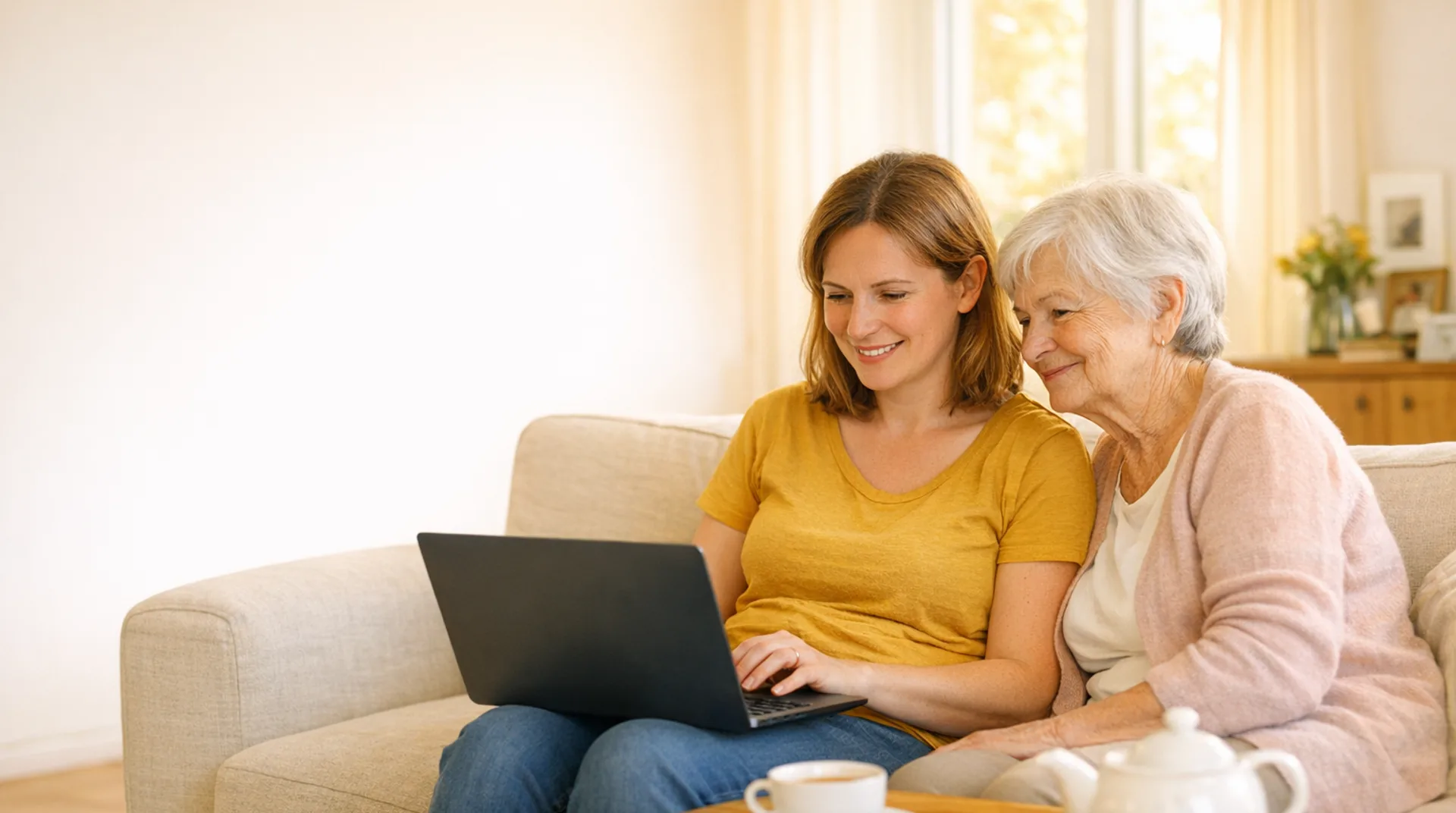 Tochter prüft am Laptop ein Alltagshilfe-Angebot, ihre Mutter sitzt neben ihr