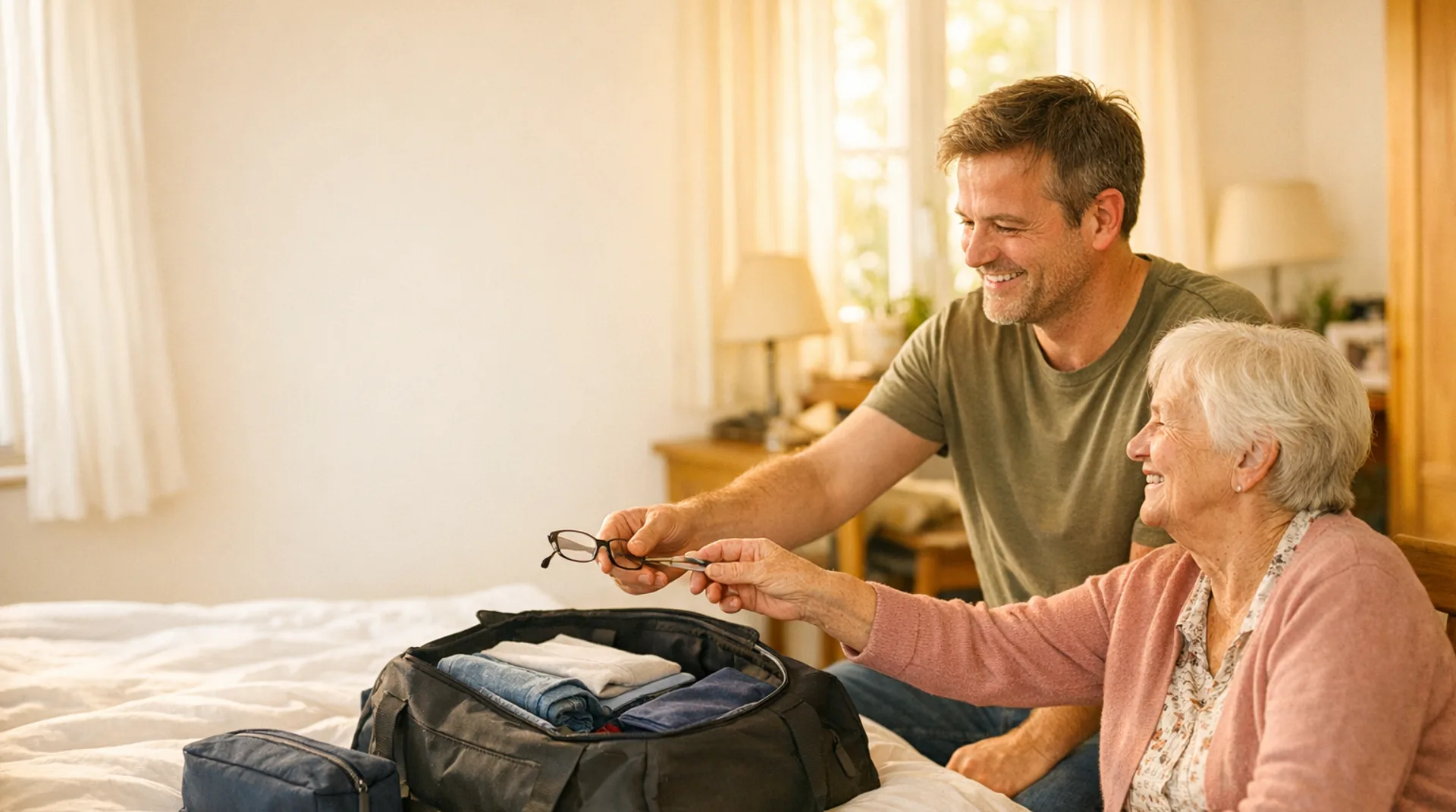 Sohn packt für seine Mutter eine Tasche für die Kurzzeitpflege