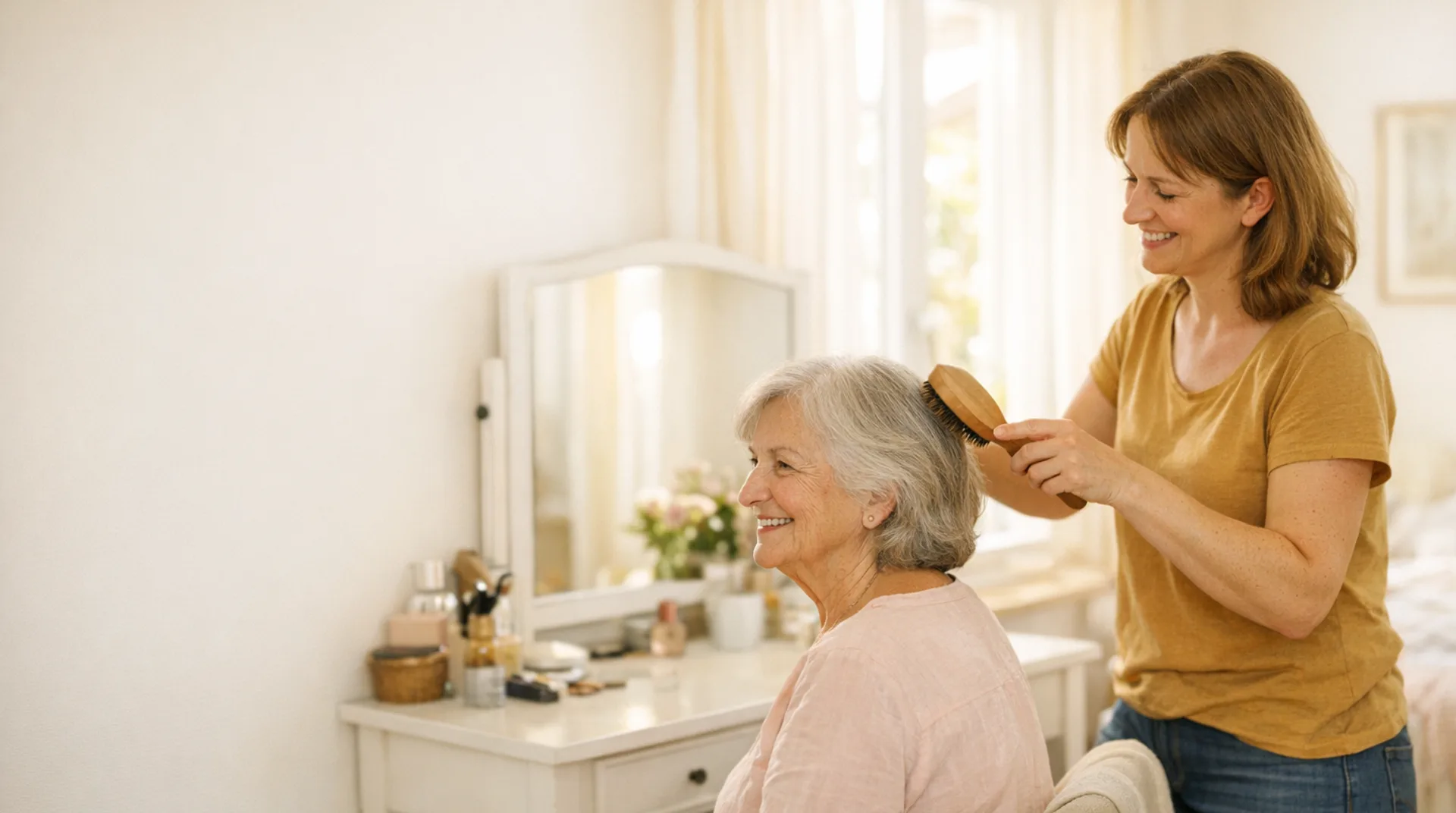 Tochter bürstet ihrer Mutter zu Hause die Haare