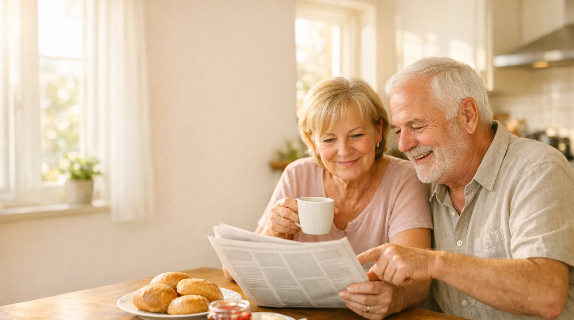 Älteres Ehepaar liest beim Frühstück gemeinsam die Zeitung und spricht darüber