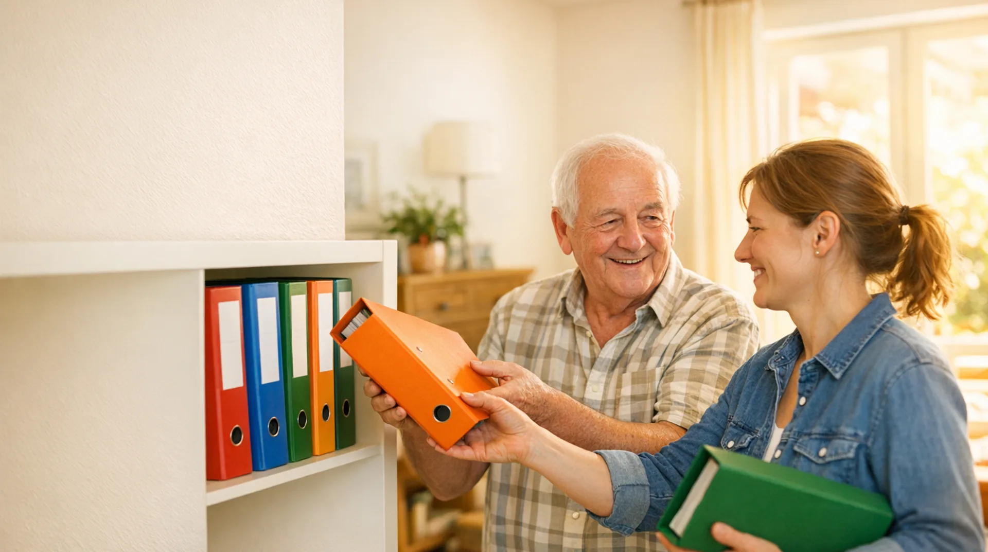 Familie ordnet im Wohnzimmer die Ordner mit den Unterlagen zur Pflege