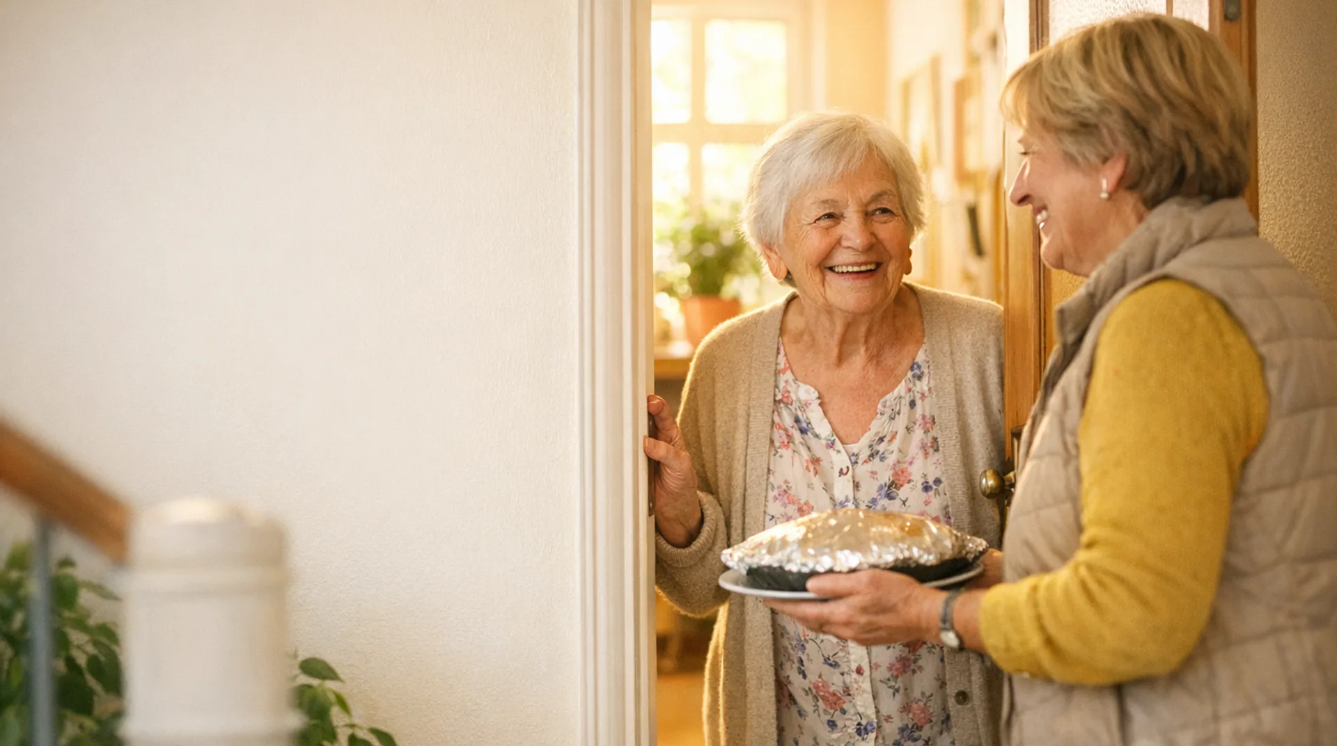 Nachbarin bringt einer älteren Frau das Mittagessen, während die Tochter verreist ist