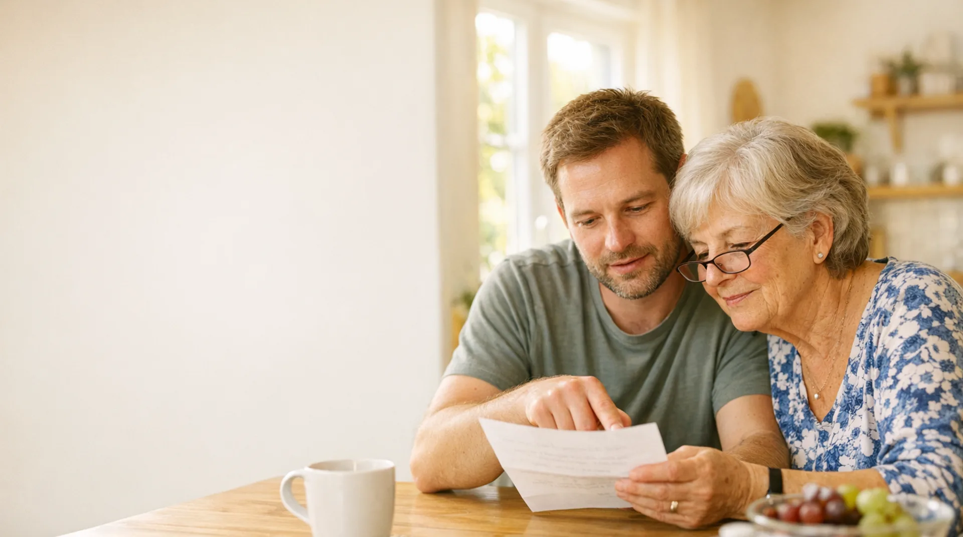 Sohn liest mit seiner Mutter am Esstisch den Bescheid der Pflegekasse