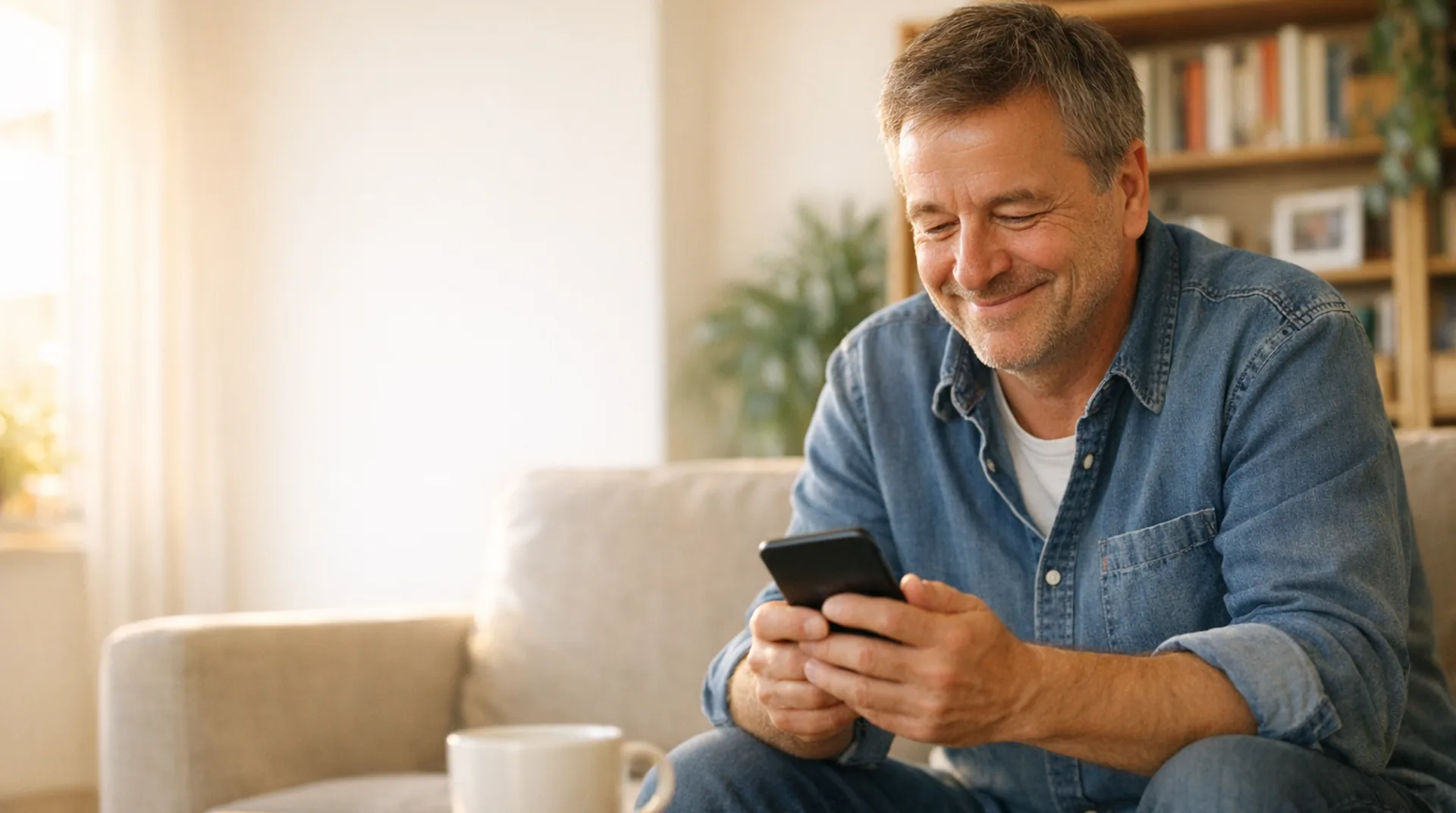 Mann liest auf dem Sofa auf dem Handy die Bestätigung seiner Anfrage